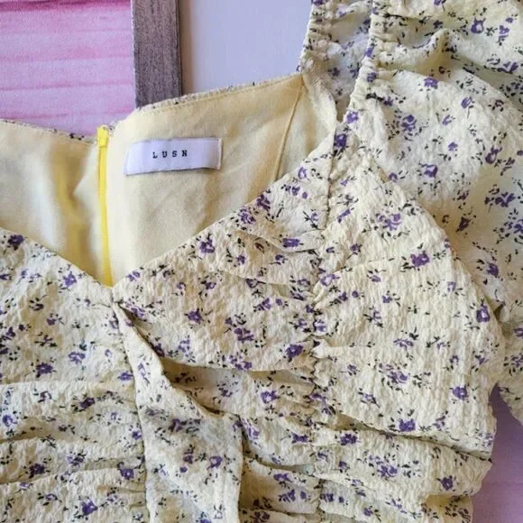 Lush Yellow Floral Puff Sleeves Ruched Ruffle Fitted Bodycon Mini Dress Small - Picture 5 of 6